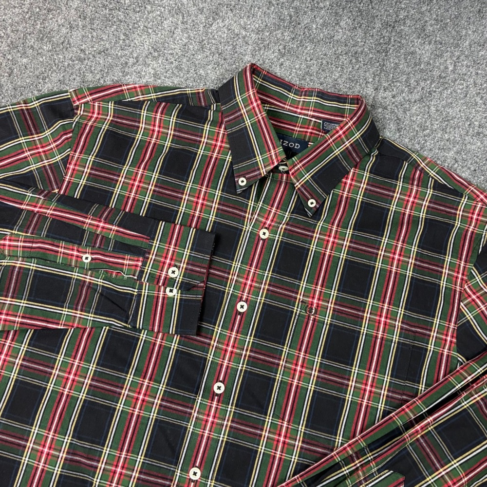 Izod Mens Large Plaid Button Down Shirt Long Sleeve Cotton Green Red Black 6113